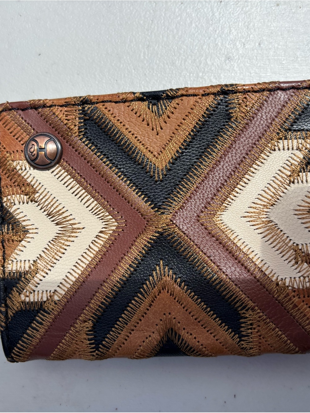 Woven Chevron Leather Wallet - Brown, Black & Cream